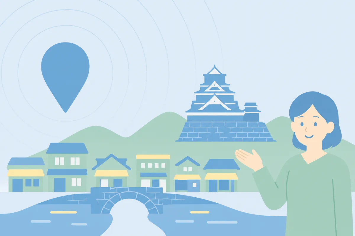 熊本の城と川に架かる石橋、地元の街並みを背景に案内する人のフラットイラスト